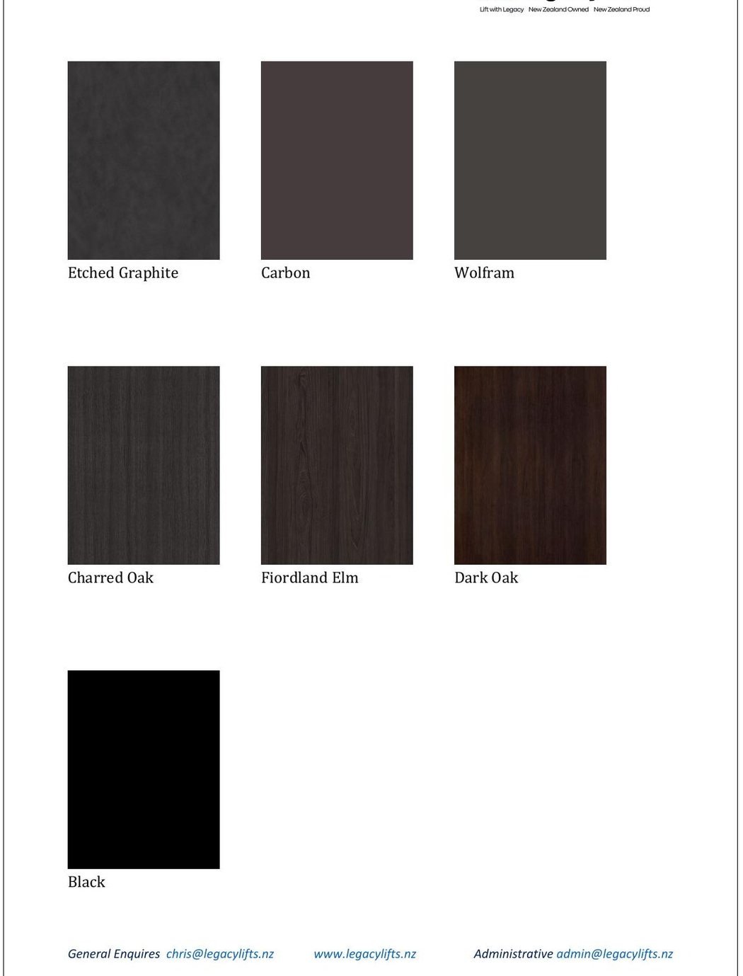 Melamine cabin finishes — charcoals and blacks
